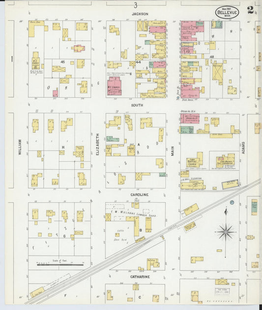 Sanborn Fire Insurance Map from Bellevue, Eaton County, Michigan (1901), Sheet #0002 - Historic Sanborn Fire Insurance Map Print, vintage old map wall art, antique decor, genealogy gift, Michigan Michigan map