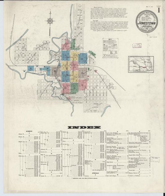 Sanborn Fire Insurance Map from Jamestown, Stutsman County, North Dakota (1913), Sheet #0001 - Historic Sanborn Fire Insurance Map Print, vintage old map wall art, antique decor, genealogy gift, North Dakota North Dakota map