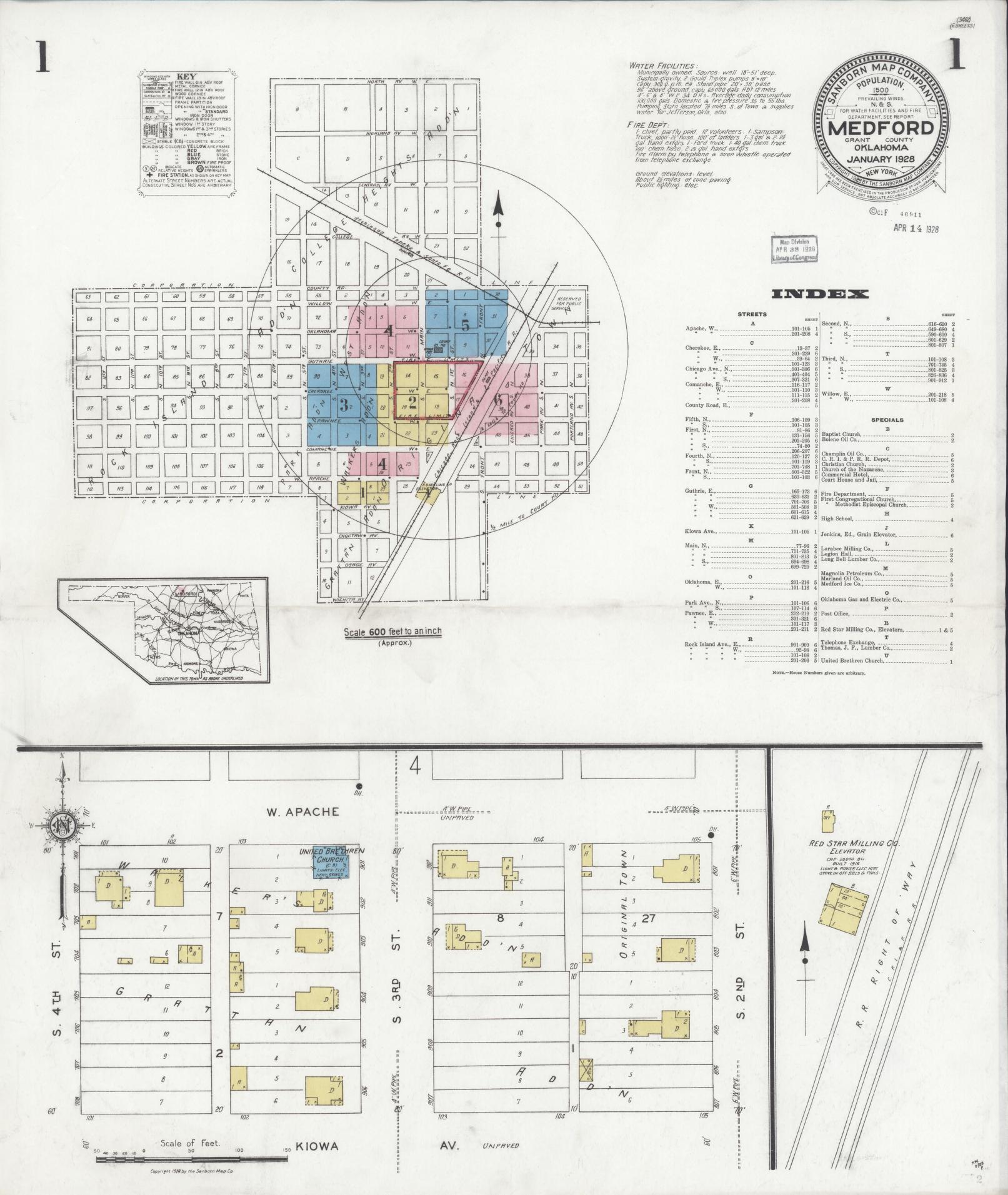 Sanborn Fire Insurance Map from Medford, Grant County, Oklahoma (1928), Sheet #0001 - Historic Sanborn Fire Insurance Map Print, vintage old map wall art, antique decor, genealogy gift, Oklahoma Oklahoma map