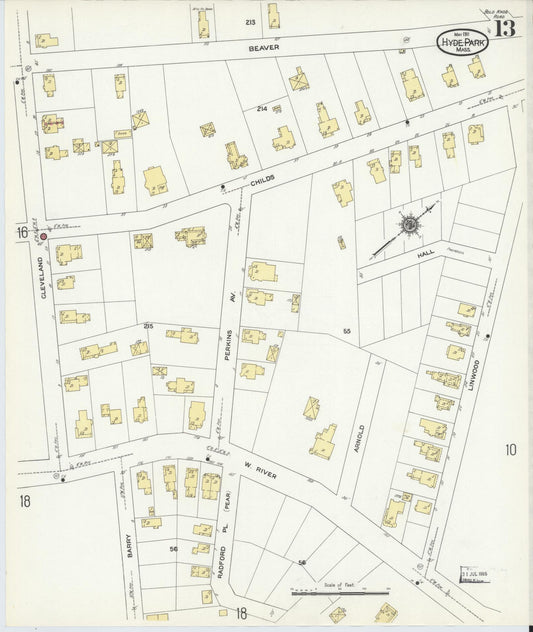 Sanborn Fire Insurance Map from Hyde Park, Norfolk County, Massachusetts (1911), Sheet #0013 - Historic Sanborn Fire Insurance Map Print, vintage old map wall art, antique decor, genealogy gift, Massachusetts Massachusetts map