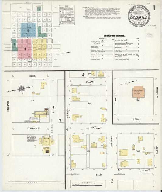 Sanborn Fire Insurance Map from Groesbeck, Limestone County, Texas (1911), Sheet #0001 - Complete Map Set gallery image, historic Sanborn map, vintage wall art, Texas Texas