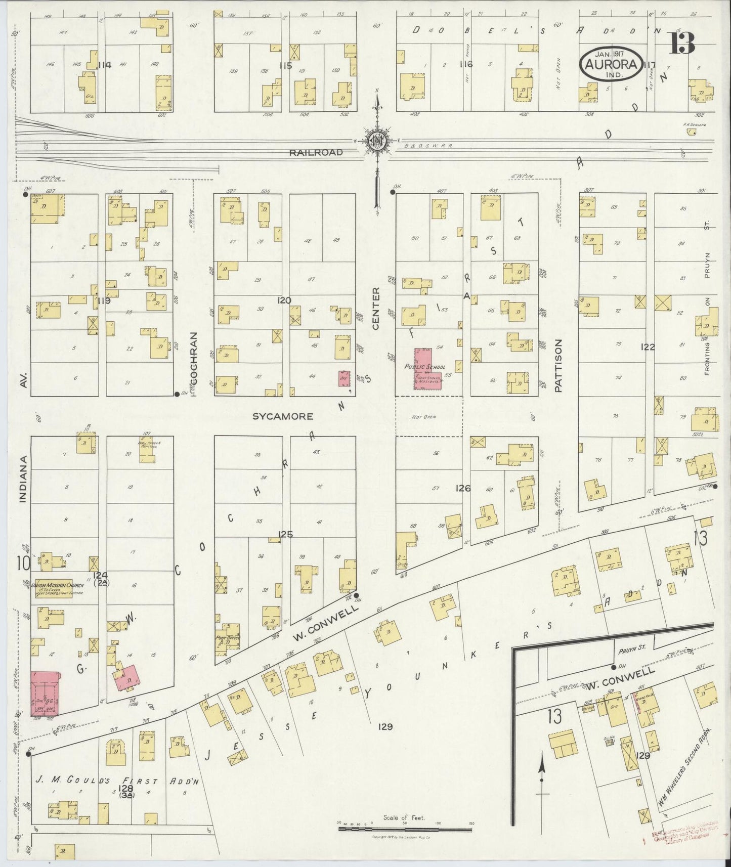 Sanborn Fire Insurance Map from Aurora, Dearborn County, Indiana (1917), Sheet #0013 - Historic Sanborn Fire Insurance Map Print, vintage old map wall art, antique decor, genealogy gift, Indiana Indiana map