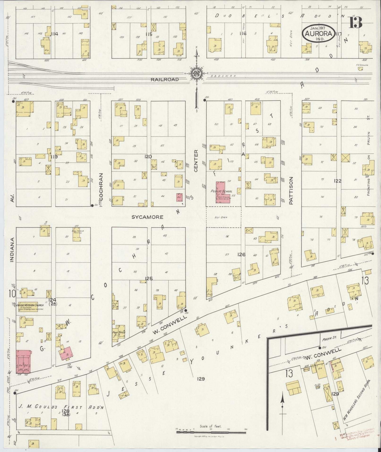 Sanborn Fire Insurance Map from Aurora, Dearborn County, Indiana (1917), Sheet #0013 - Historic Sanborn Fire Insurance Map Print, vintage old map wall art, antique decor, genealogy gift, Indiana Indiana map