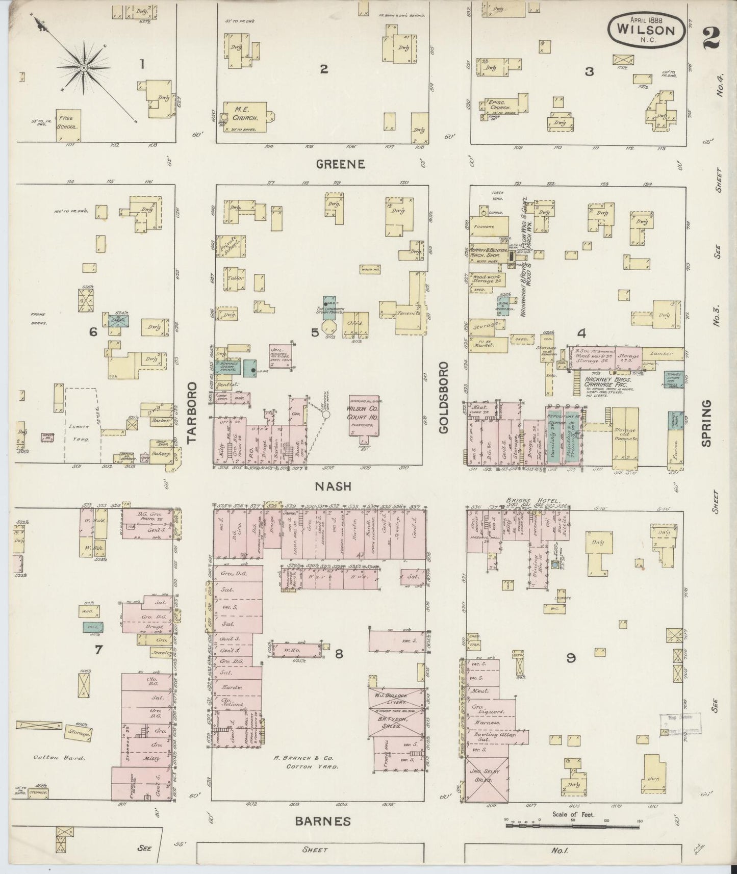 Sanborn Fire Insurance Map from Wilson, Wilson County, North Carolina (1888), Sheet #0002 - Historic Sanborn Fire Insurance Map Print, vintage old map wall art, antique decor, genealogy gift, North Carolina North Carolina map