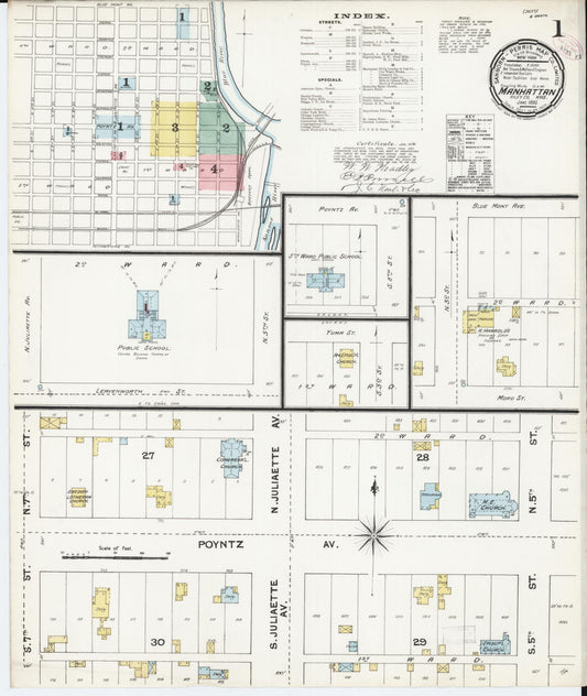 Sanborn Fire Insurance Map from Manhattan, Riley County, Kansas (1890), Sheet #0001 - Historic Sanborn Fire Insurance Map Print, vintage old map wall art, antique decor, genealogy gift, Kansas Kansas map
