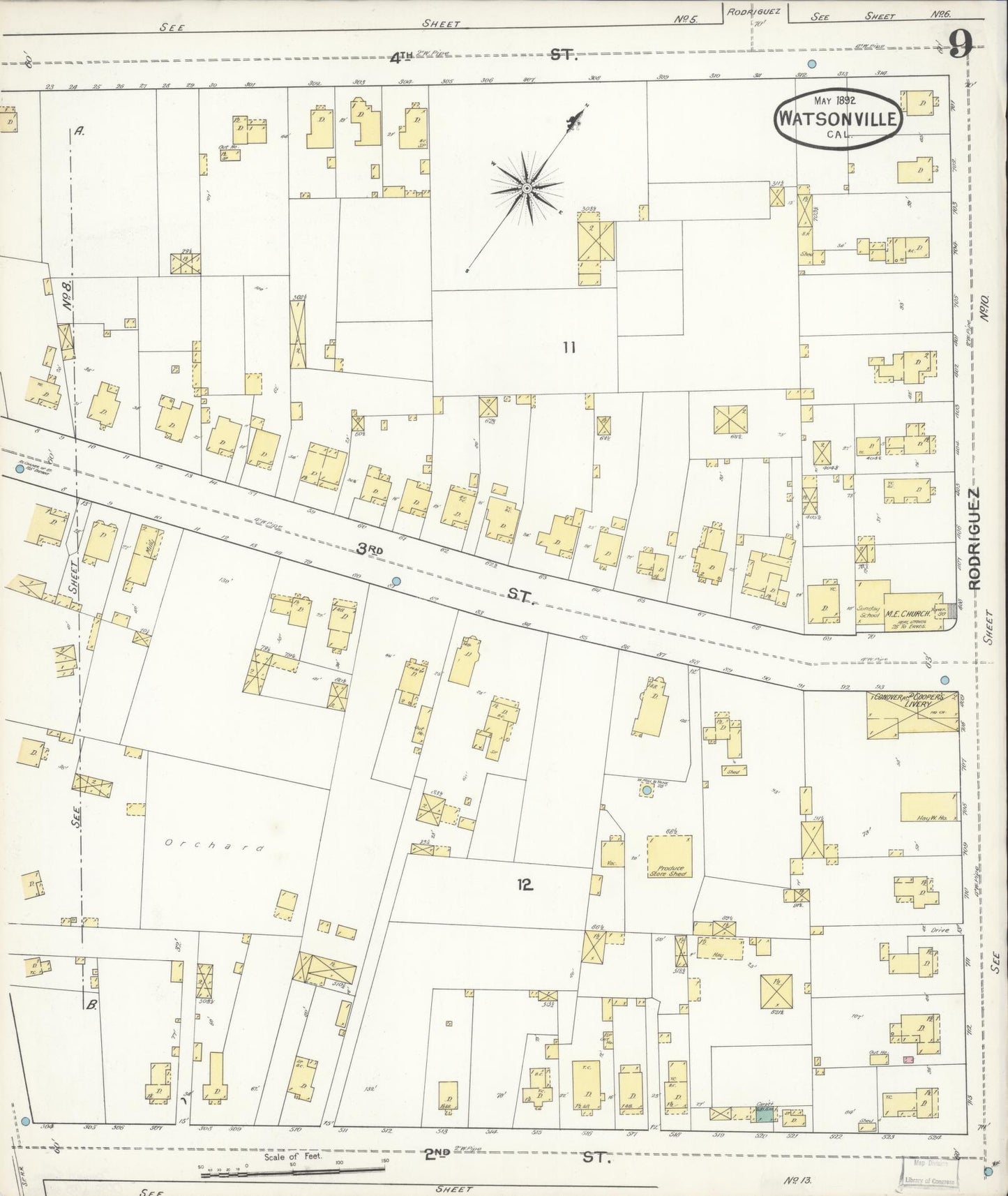Sanborn Fire Insurance Map from Watsonville, Santa Cruz County, California (1892), Sheet #0009 - Complete Map Set gallery image, historic Sanborn map, vintage wall art, California California