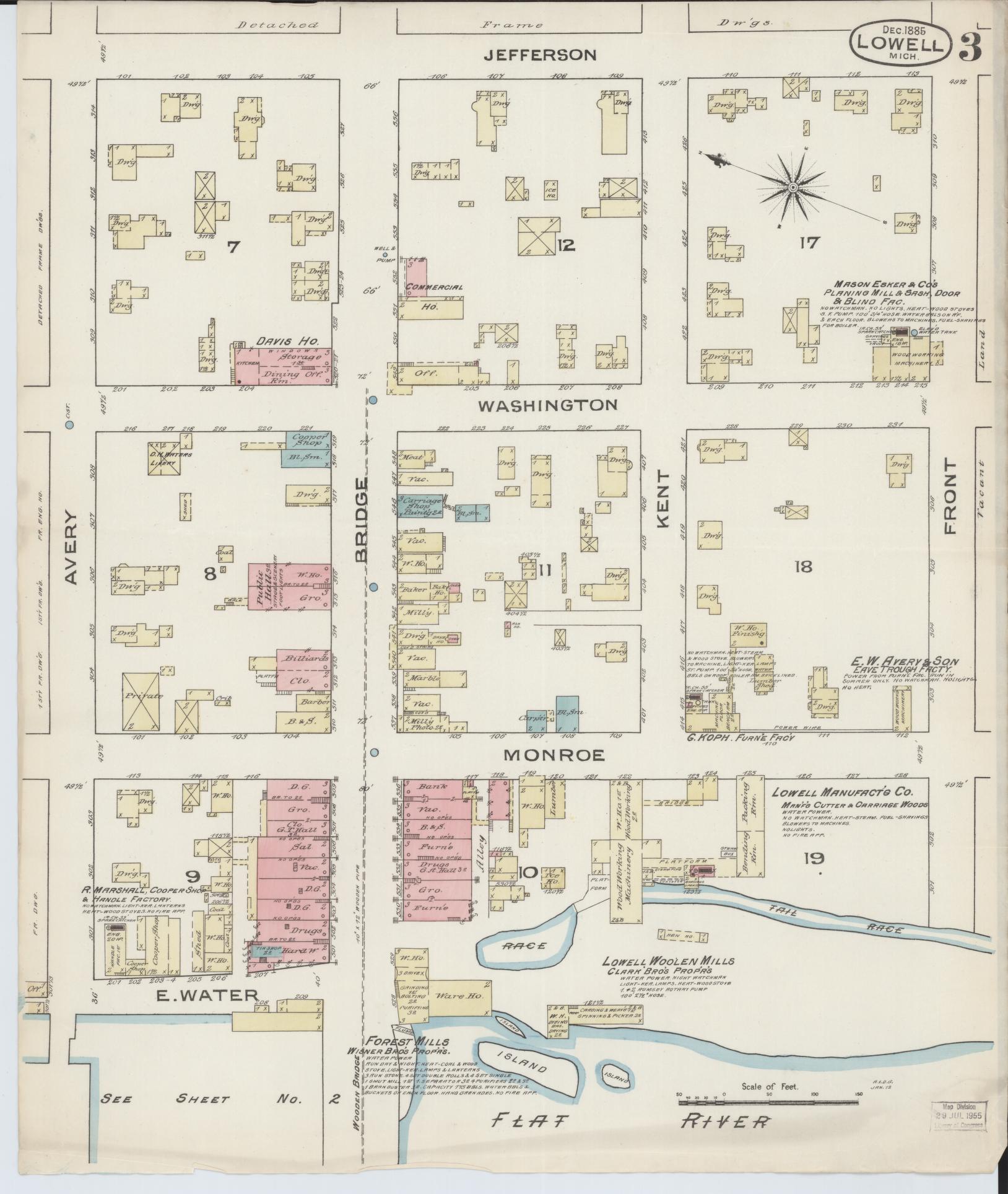 Sanborn Fire Insurance Map from Lowell, Kent County, Michigan (1885), Sheet #0003 - Complete Map Set gallery image, historic Sanborn map, vintage wall art, Michigan Michigan
