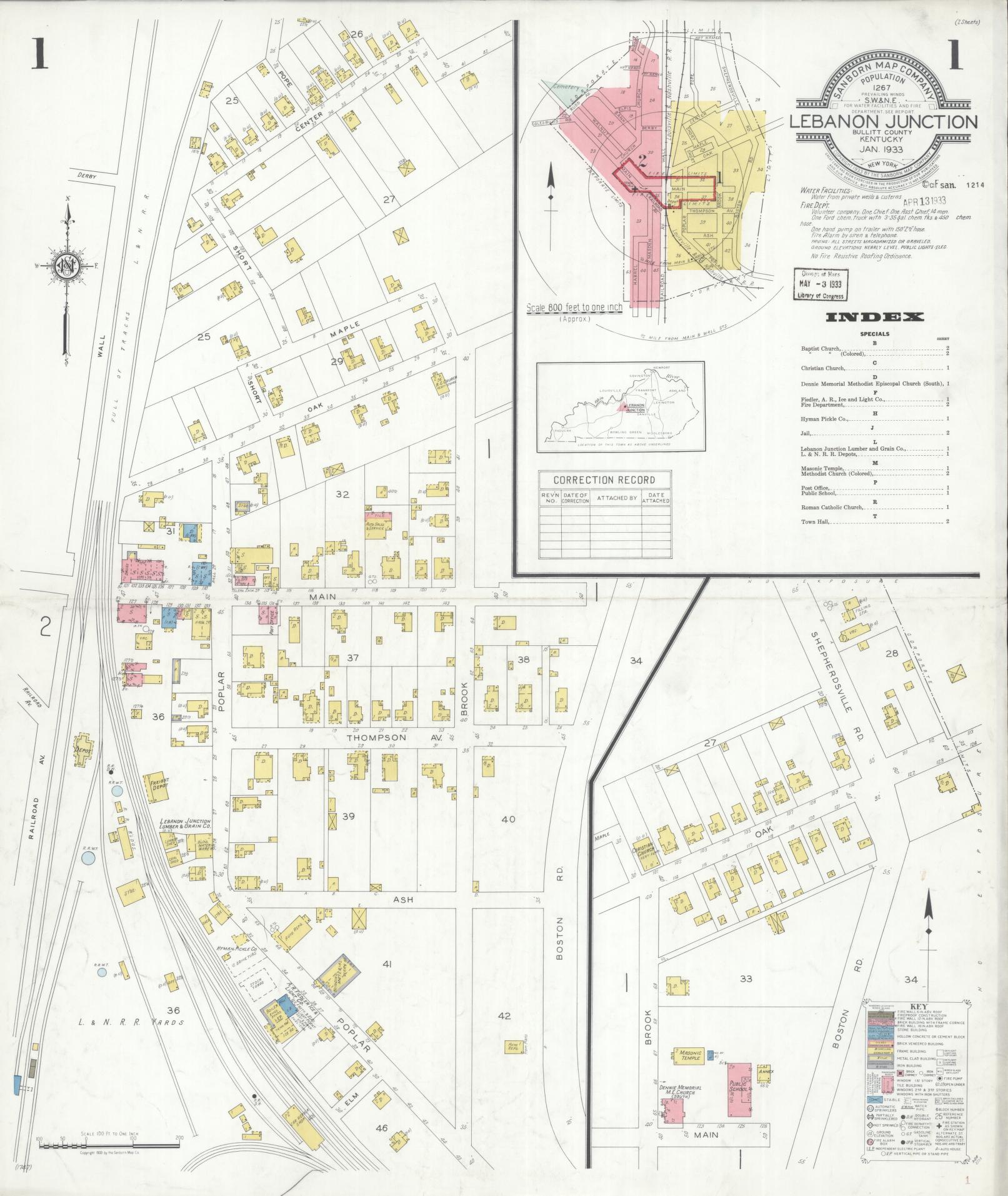 Sanborn Fire Insurance Map from Lebanon Junction, Bullitt County, Kentucky (1933), Sheet #0001 - Complete Map Set gallery image, historic Sanborn map, vintage wall art, Kentucky Kentucky