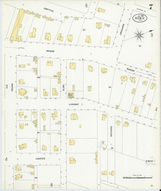 Sanborn Fire Insurance Map from Bowie, Montague County, Texas (1908), Sheet #0007 - Historic Sanborn Fire Insurance Map Print, vintage old map wall art, antique decor, genealogy gift, Texas Texas map