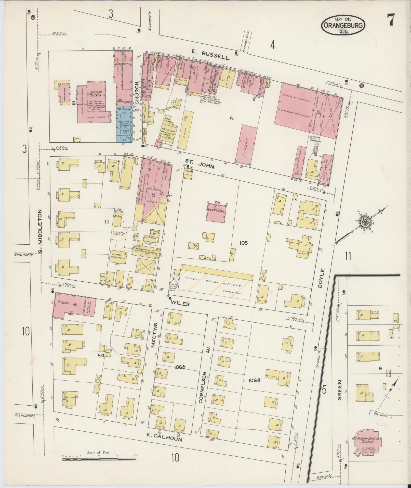 Sanborn Fire Insurance Map from Orangeburg, Orangeburg County, South Carolina (1915), Sheet #0007 - Historic Sanborn Fire Insurance Map Print, vintage old map wall art, antique decor, genealogy gift, South Carolina South Carolina map