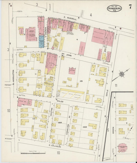 Sanborn Fire Insurance Map from Orangeburg, Orangeburg County, South Carolina (1915), Sheet #0007 - Historic Sanborn Fire Insurance Map Print, vintage old map wall art, antique decor, genealogy gift, South Carolina South Carolina map