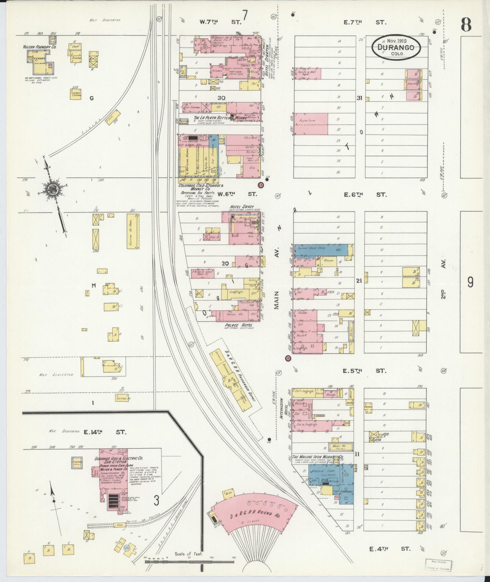 Sanborn Fire Insurance Map from Durango, La Plata County, Colorado (1910), Sheet #0008 - Complete Map Set gallery image, historic Sanborn map, vintage wall art, Colorado Colorado
