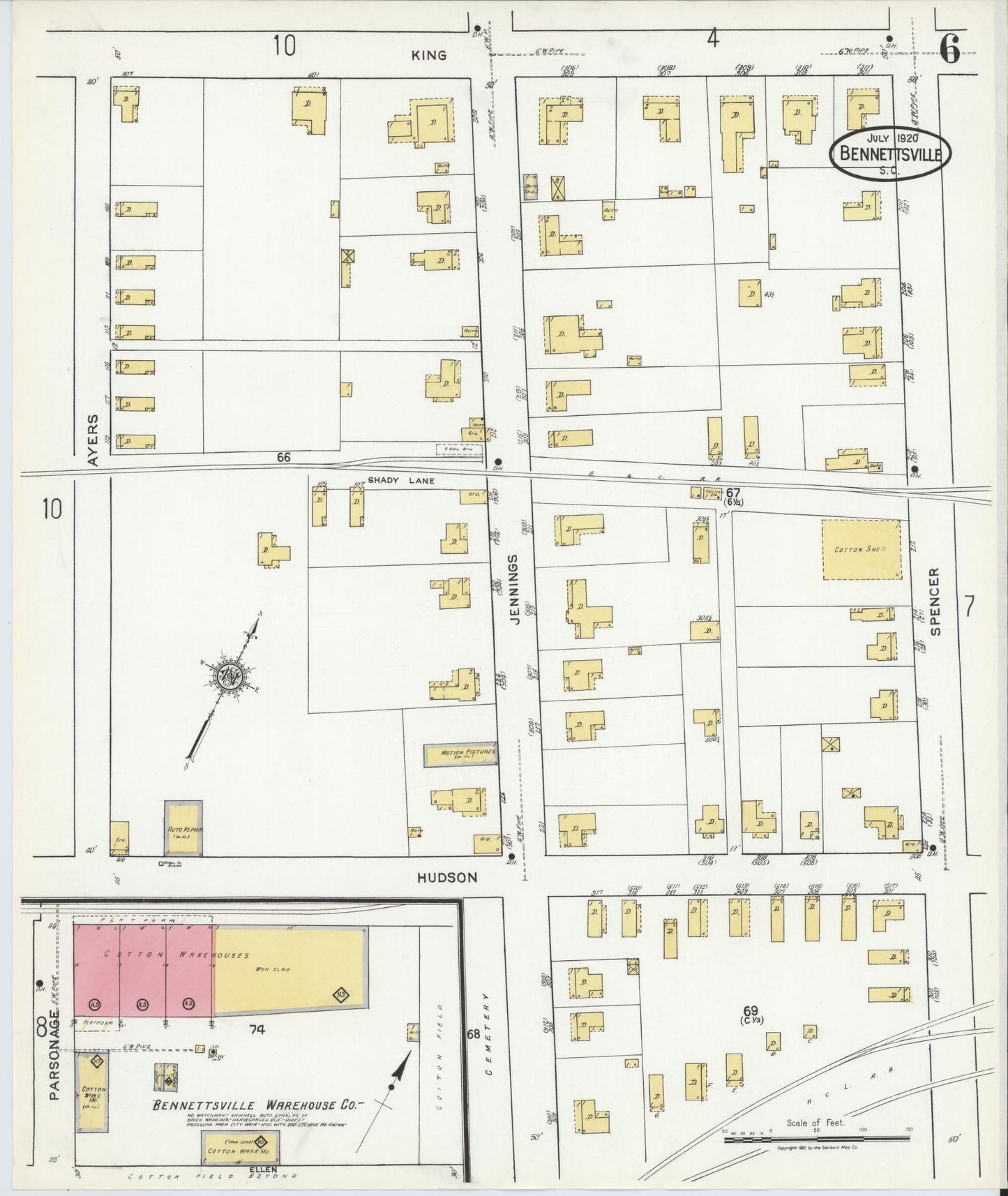 Sanborn Fire Insurance Map from Bennettsville, Marlboro County, South Carolina (1920), Sheet #0006 - Historic Sanborn Fire Insurance Map Print, vintage old map wall art, antique decor, genealogy gift, South Carolina South Carolina map
