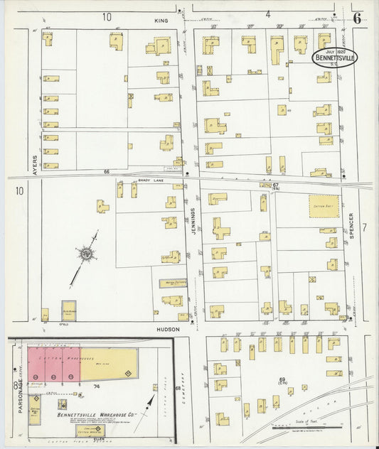 Sanborn Fire Insurance Map from Bennettsville, Marlboro County, South Carolina (1920), Sheet #0006 - Historic Sanborn Fire Insurance Map Print, vintage old map wall art, antique decor, genealogy gift, South Carolina South Carolina map