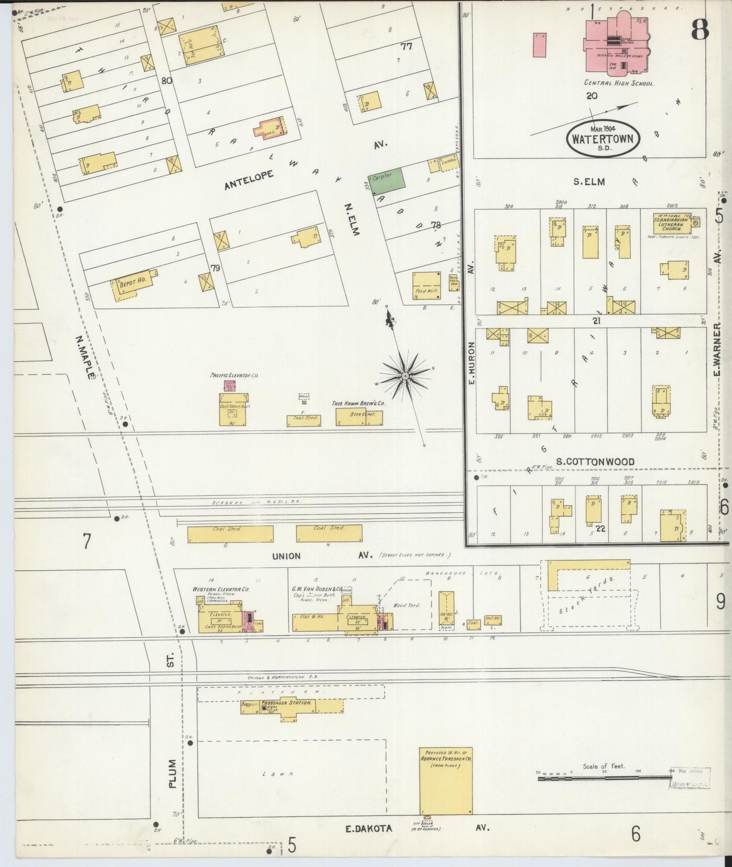 Sanborn Fire Insurance Map from Watertown, Codington County, South Dakota (1904), Sheet #0008 - Complete Map Set gallery image, historic Sanborn map, vintage wall art, South Dakota South Dakota