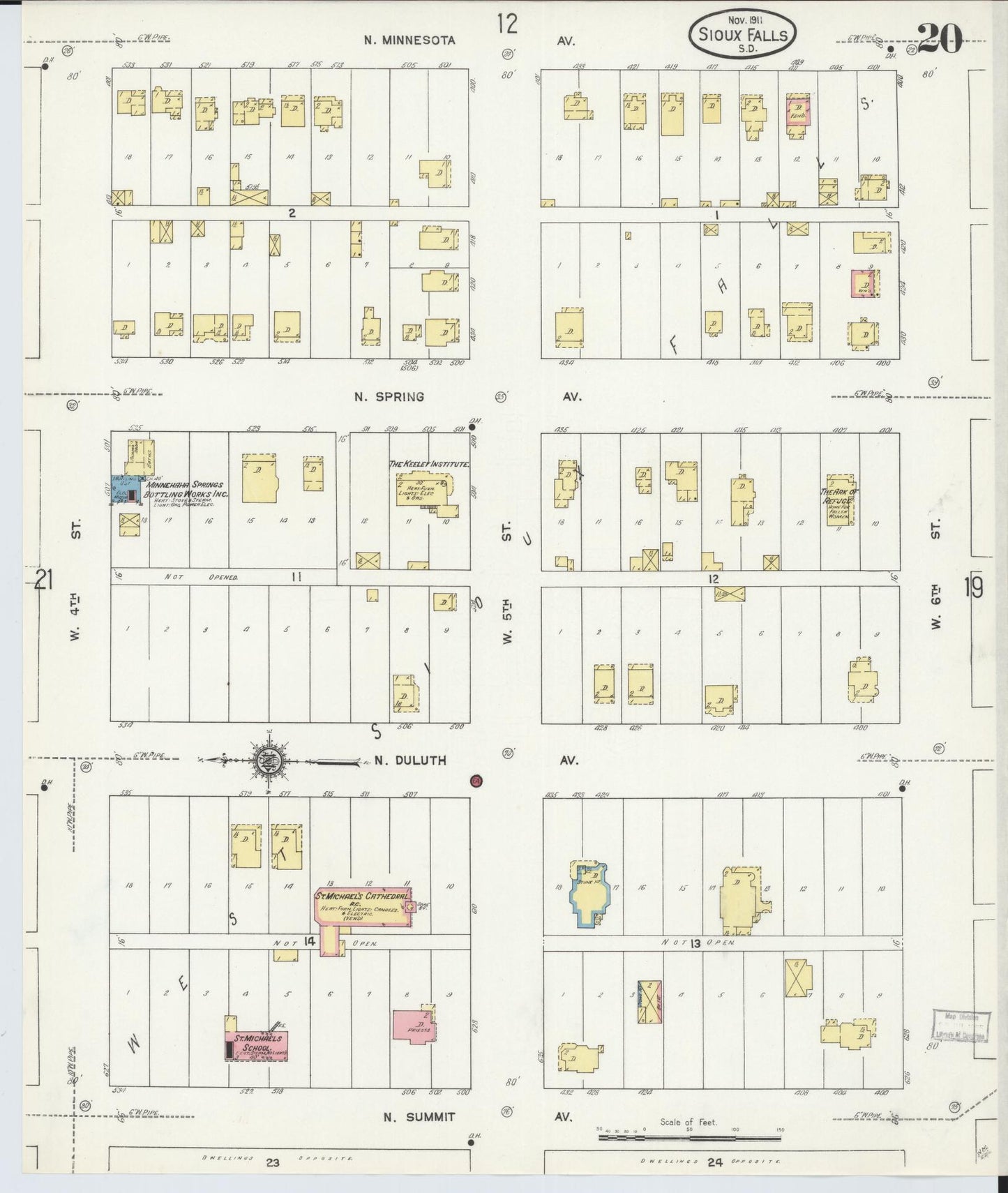 Sanborn Fire Insurance Map from Sioux Falls, Minnehaha County, South Dakota (1911), Sheet #0020 - Complete Map Set gallery image, historic Sanborn map, vintage wall art, South Dakota South Dakota