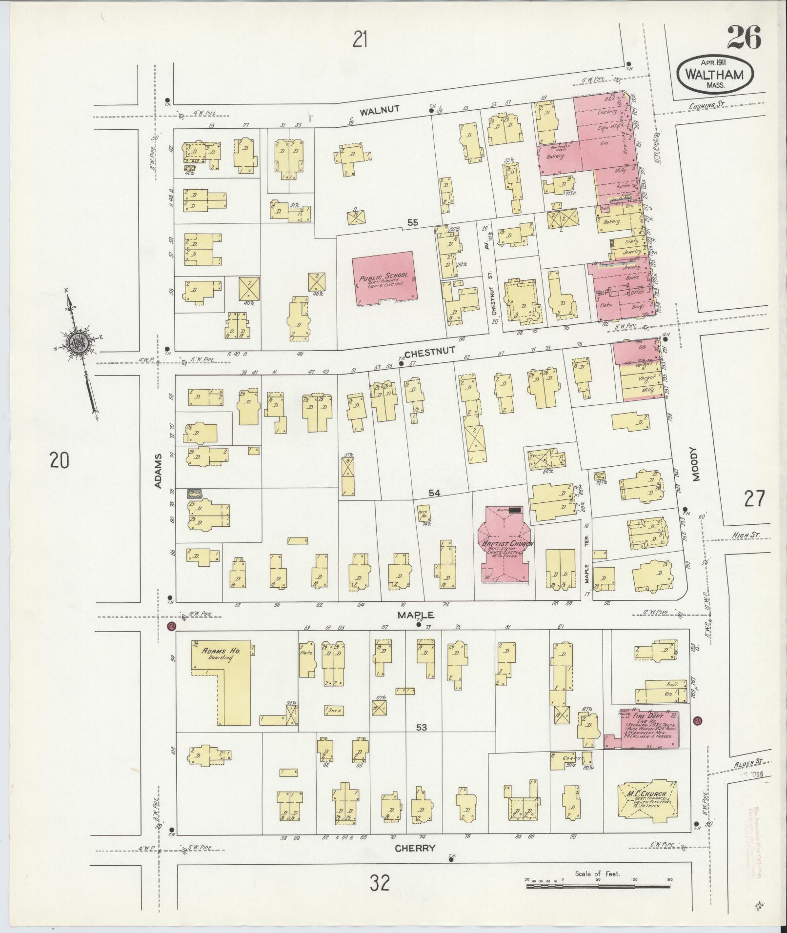 Sanborn Fire Insurance Map from Waltham, Middlesex County, Massachusetts (1911), Sheet #0026 - Complete Map Set gallery image, historic Sanborn map, vintage wall art, Massachusetts Massachusetts