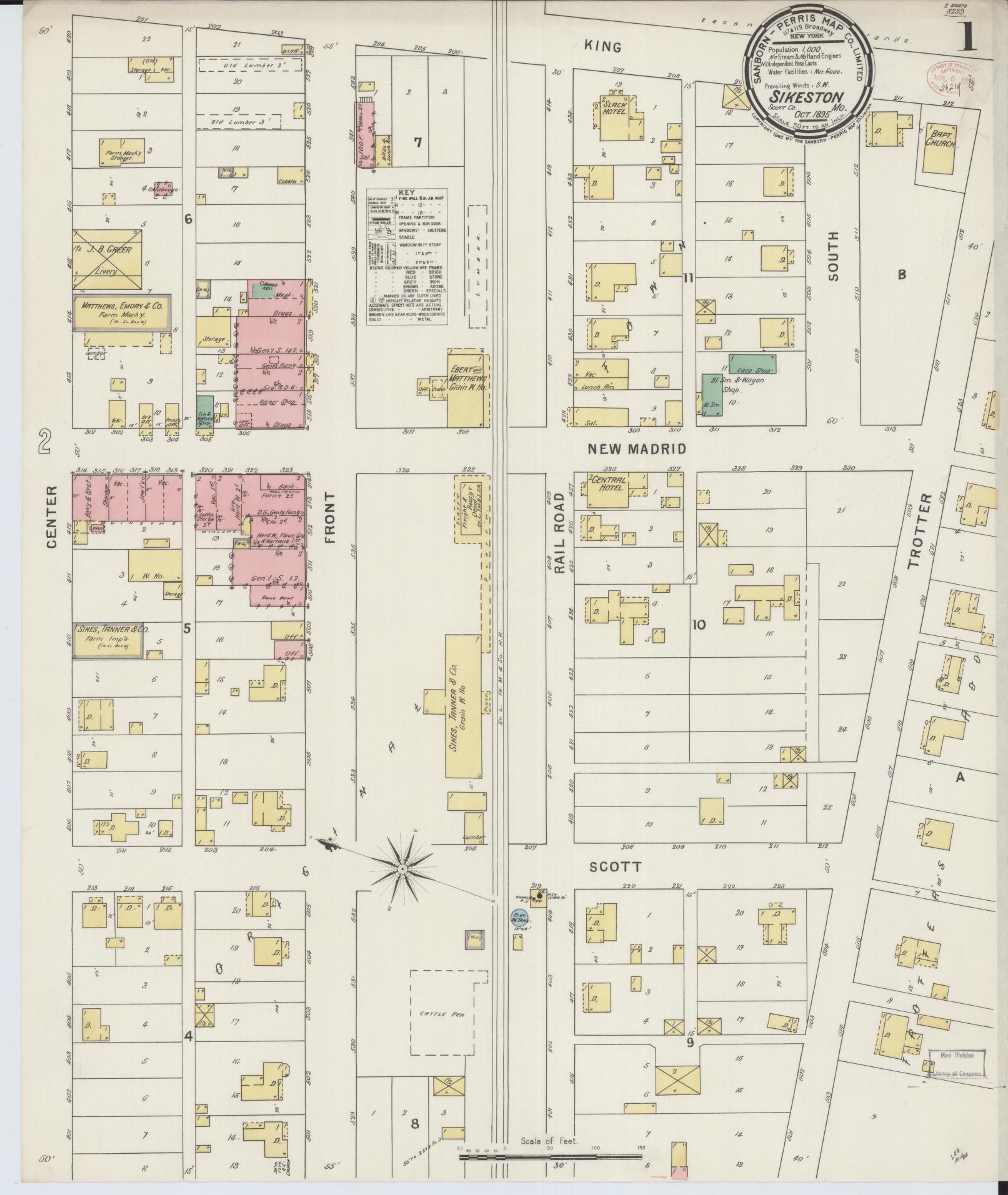 Sanborn Fire Insurance Map from Sikeston, Scott County, Missouri (1895), Sheet #0001 - Complete Map Set gallery image, historic Sanborn map, vintage wall art, Missouri Missouri