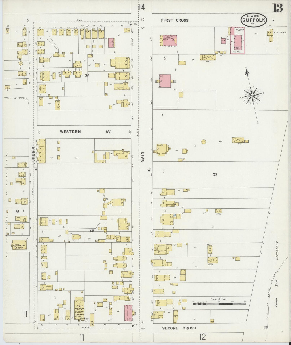 Sanborn Fire Insurance Map from Suffolk, Independent Cities, Virginia (1898), Sheet #0013 - Historic Sanborn Fire Insurance Map Print, vintage old map wall art, antique decor, genealogy gift, Virginia Virginia map