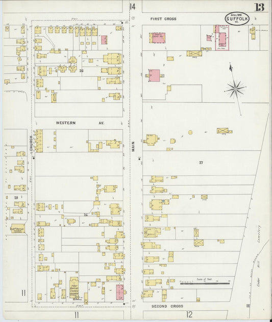 Sanborn Fire Insurance Map from Suffolk, Independent Cities, Virginia (1898), Sheet #0013 - Historic Sanborn Fire Insurance Map Print, vintage old map wall art, antique decor, genealogy gift, Virginia Virginia map
