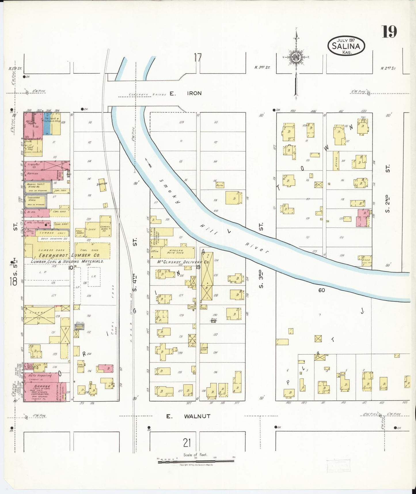 Sanborn Fire Insurance Map from Salina, Saline County, Kansas (1917), Sheet #0019 - Historic Sanborn Fire Insurance Map Print, vintage old map wall art, antique decor, genealogy gift, Kansas Kansas map