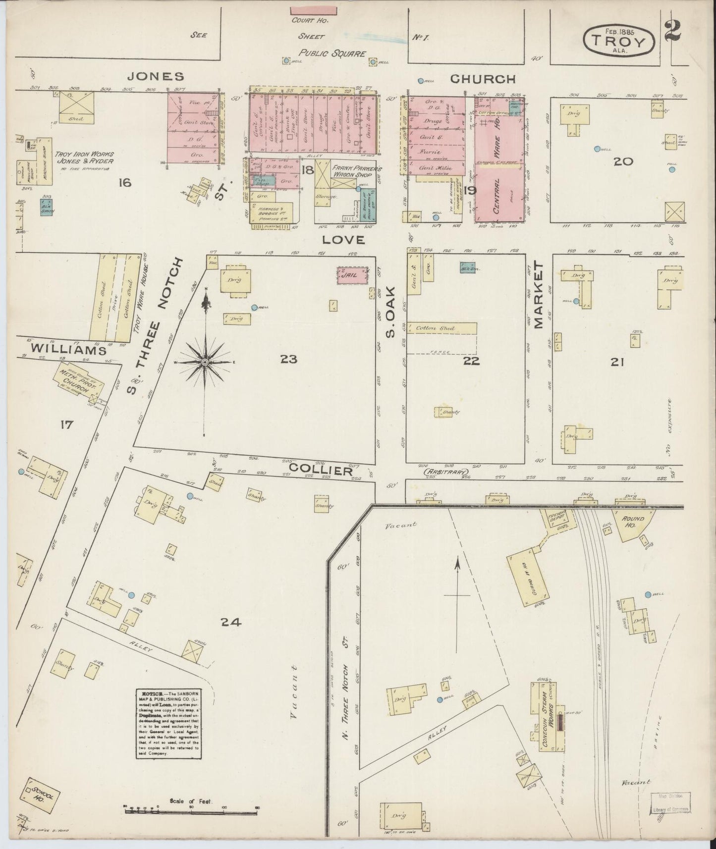 Sanborn Fire Insurance Map from Troy, Pike County, Alabama (1885), Sheet #0002 - Historic Sanborn Fire Insurance Map Print, vintage old map wall art, antique decor, genealogy gift, Alabama Alabama map