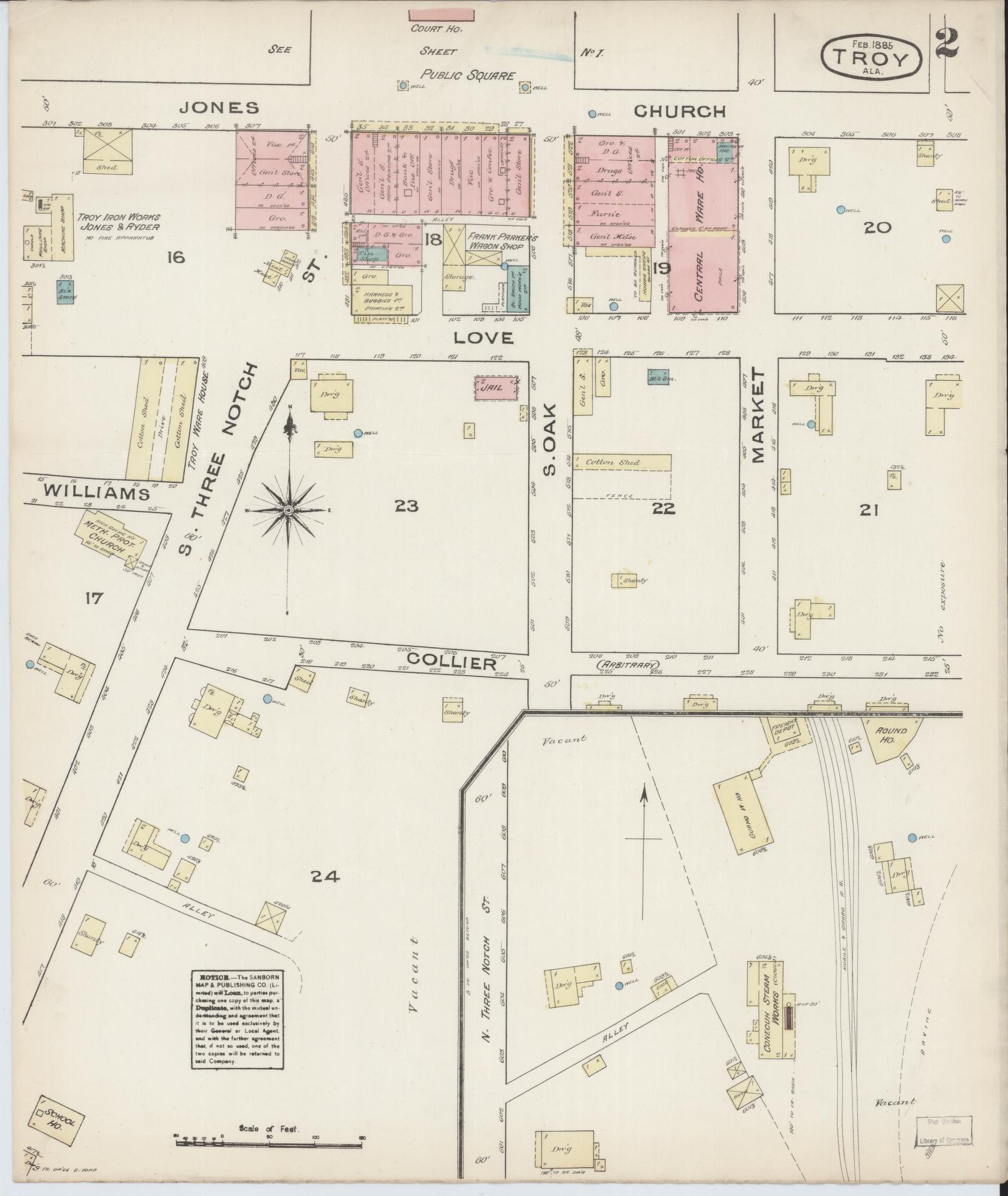 Sanborn Fire Insurance Map from Troy, Pike County, Alabama (1885), Sheet #0002 - Historic Sanborn Fire Insurance Map Print, vintage old map wall art, antique decor, genealogy gift, Alabama Alabama map