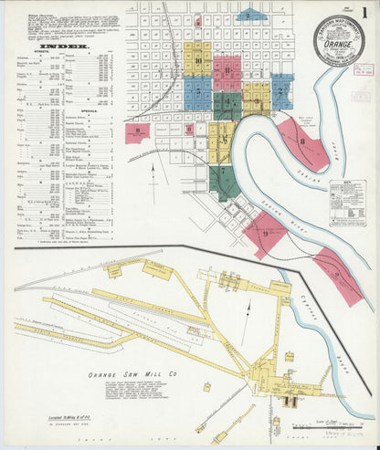 Sanborn Fire Insurance Map from Orange, Orange County, Texas (1909), Sheet #0001 - Historic Sanborn Fire Insurance Map Print, vintage old map wall art, antique decor, genealogy gift, Texas Texas map
