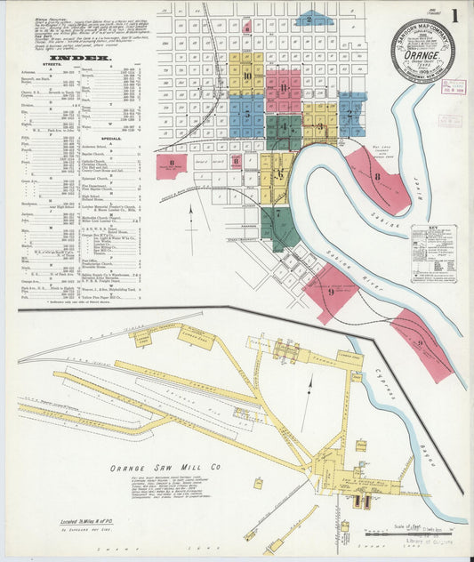 Sanborn Fire Insurance Map from Orange, Orange County, Texas (1909), Sheet #0001 - Historic Sanborn Fire Insurance Map Print, vintage old map wall art, antique decor, genealogy gift, Texas Texas map