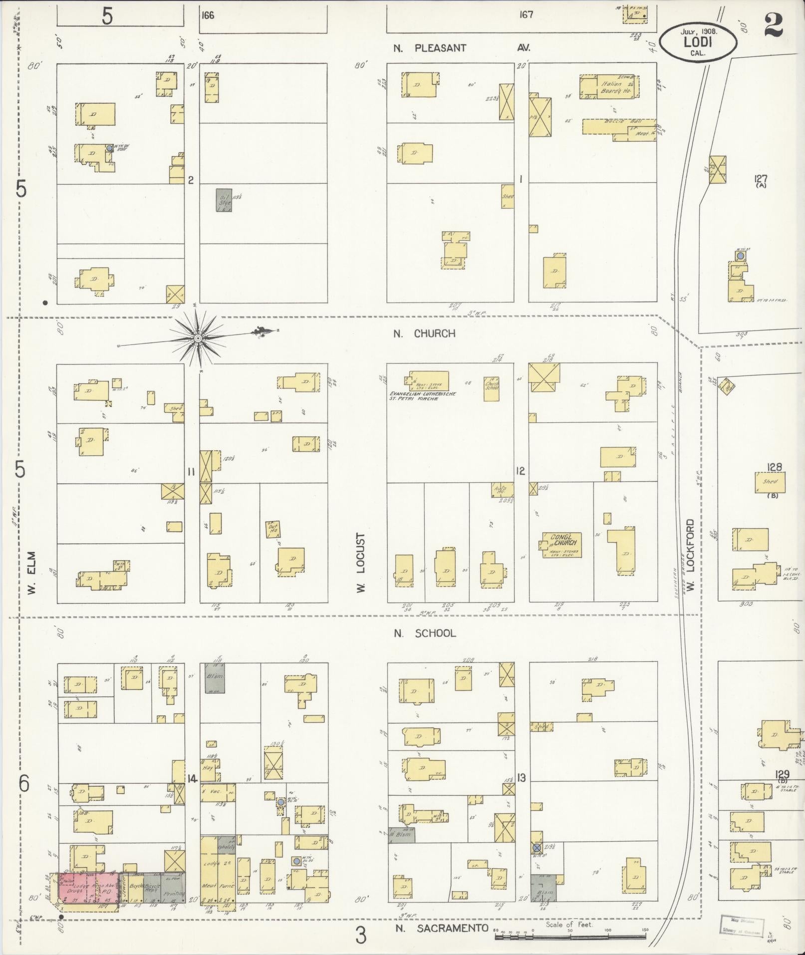 Sanborn Fire Insurance Map from Lodi, San Joaquin County, California (1908), Sheet #0002 - Historic Sanborn Fire Insurance Map Print, vintage old map wall art, antique decor, genealogy gift, California California map