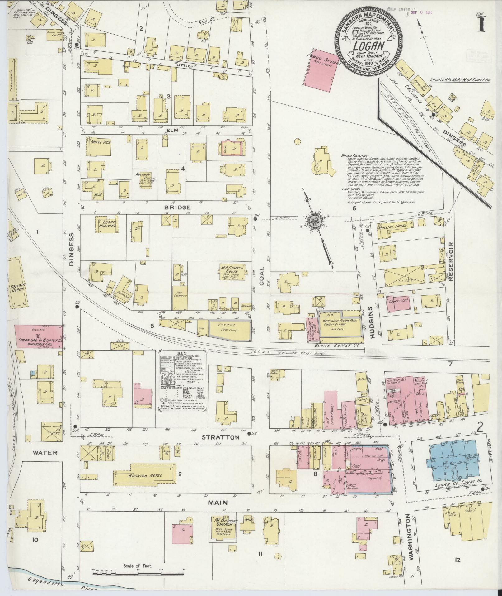 Sanborn Fire Insurance Map from Logan, Logan County, West Virginia (1910), Sheet #0001 - Historic Sanborn Fire Insurance Map Print, vintage old map wall art, antique decor, genealogy gift, West Virginia West Virginia map