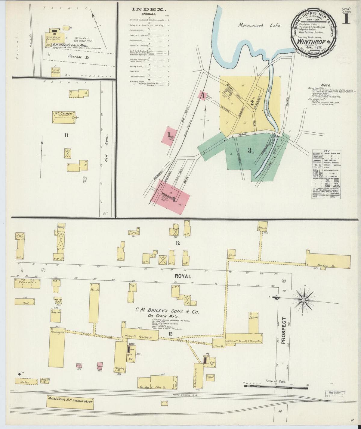 Sanborn Fire Insurance Map from Winthrop, Kennebec County, Maine (1897), Sheet #0001 - Historic Sanborn Fire Insurance Map Print, vintage old map wall art, antique decor, genealogy gift, Maine Maine map