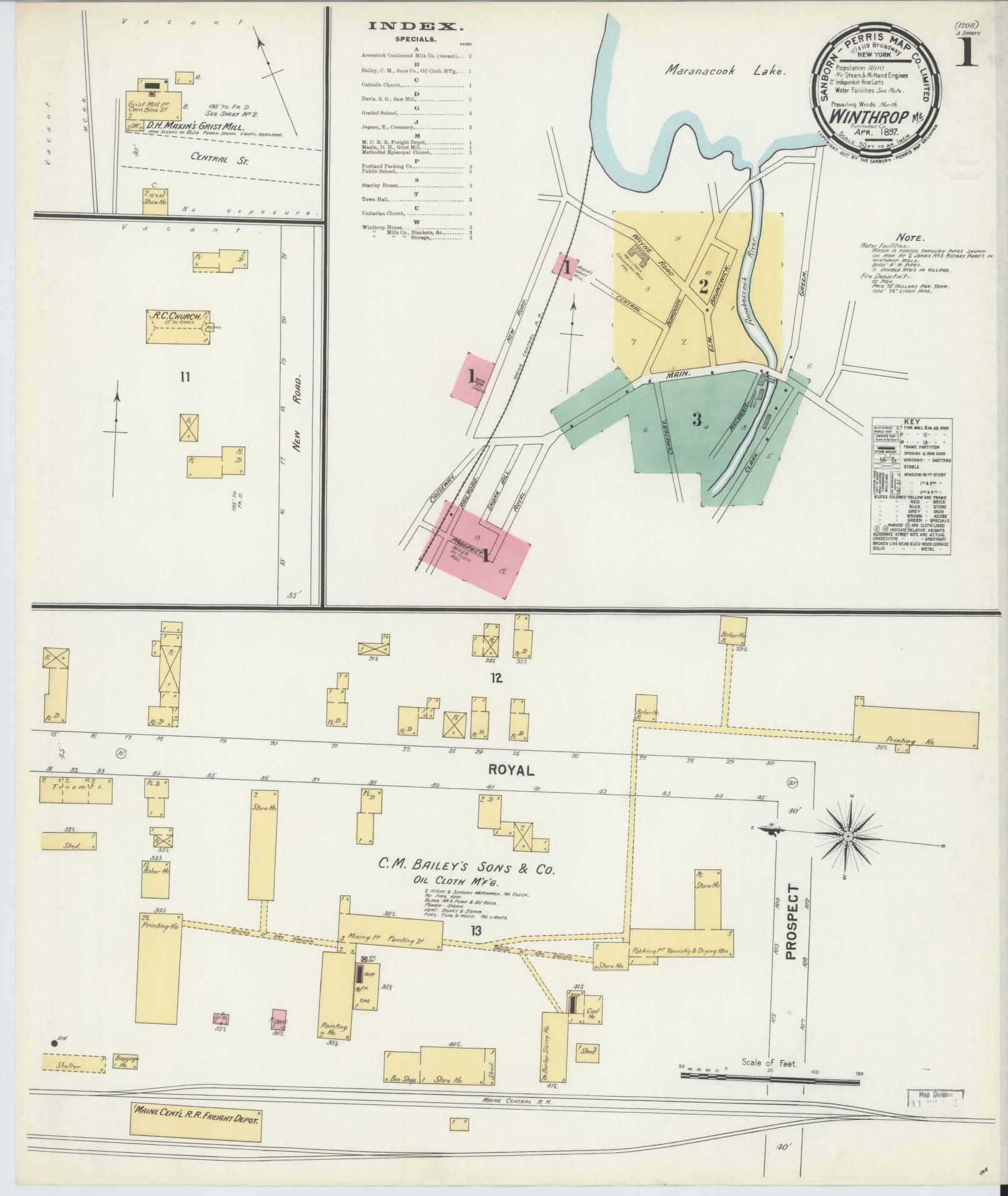 Sanborn Fire Insurance Map from Winthrop, Kennebec County, Maine (1897), Sheet #0001 - Historic Sanborn Fire Insurance Map Print, vintage old map wall art, antique decor, genealogy gift, Maine Maine map