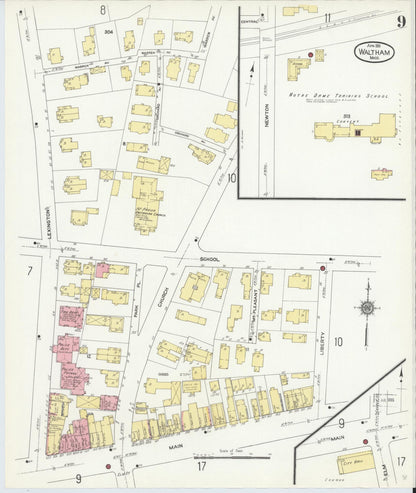 Sanborn Fire Insurance Map from Waltham, Middlesex County, Massachusetts (1911), Sheet #0009 - Historic Sanborn Fire Insurance Map Print, vintage old map wall art, antique decor, genealogy gift, Massachusetts Massachusetts map