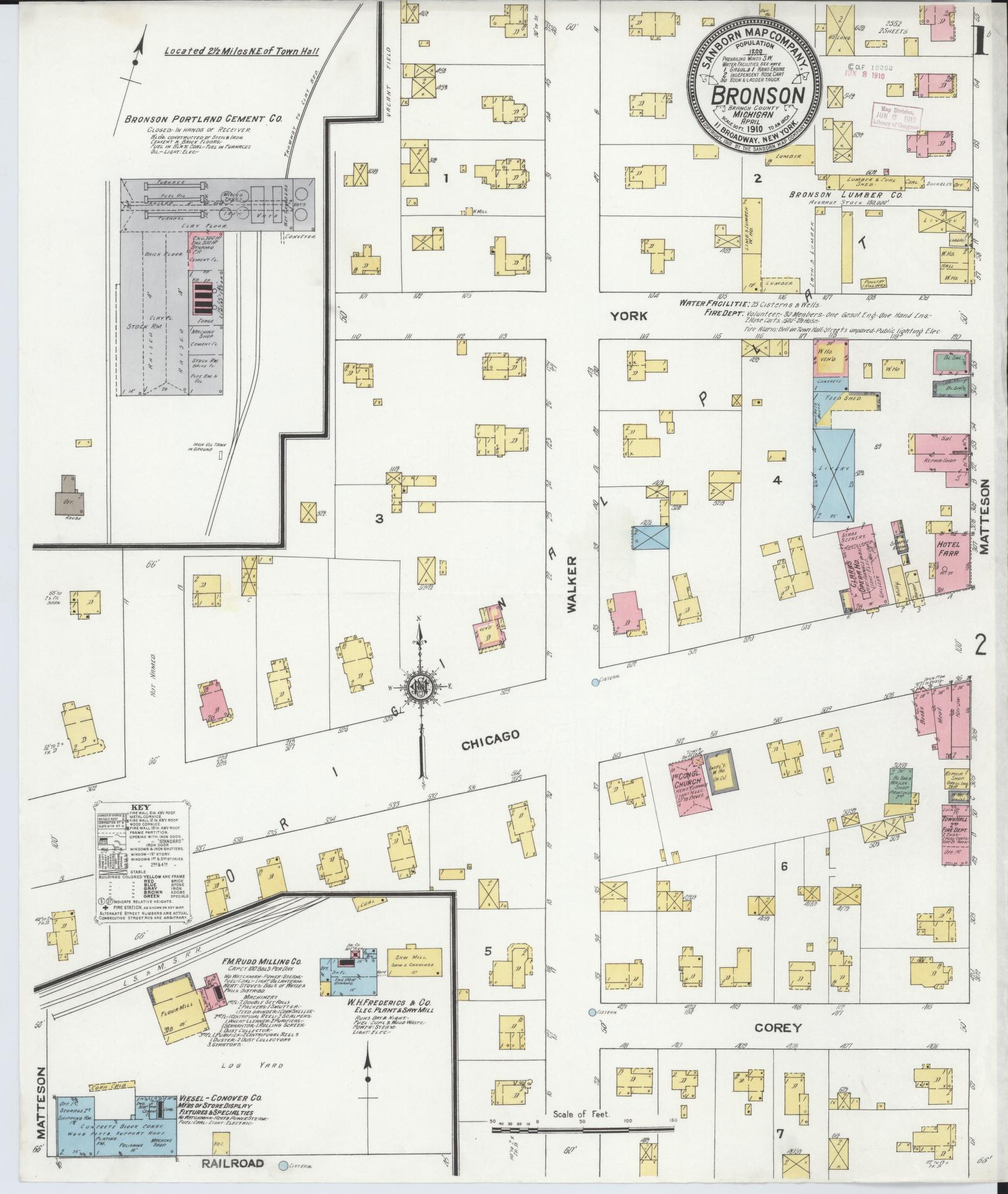 Sanborn Fire Insurance Map from Bronson, Branch County, Michigan (1916), Sheet #0001 - Complete Map Set gallery image, historic Sanborn map, vintage wall art, Michigan Michigan