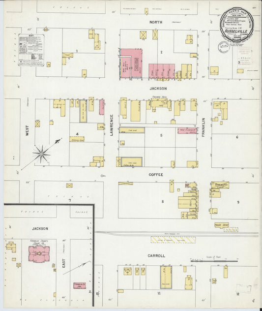 Sanborn Fire Insurance Map from Russellville, Franklin County, Alabama (1899), Sheet #0001 - Historic Sanborn Fire Insurance Map Print, vintage old map wall art, antique decor, genealogy gift, Alabama Alabama map