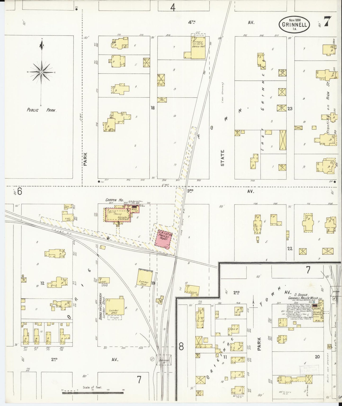 Sanborn Fire Insurance Map from Grinnell, Poweshiek County, Iowa (1898), Sheet #0007 - Historic Sanborn Fire Insurance Map Print, vintage old map wall art