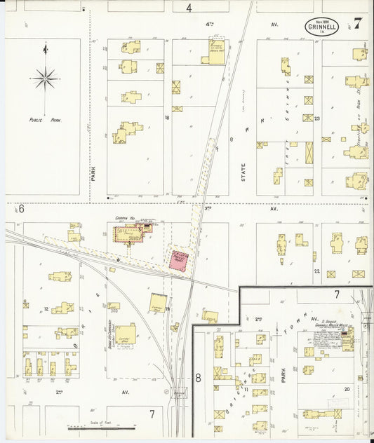 Sanborn Fire Insurance Map from Grinnell, Poweshiek County, Iowa (1898), Sheet #0007 - Historic Sanborn Fire Insurance Map Print, vintage old map wall art