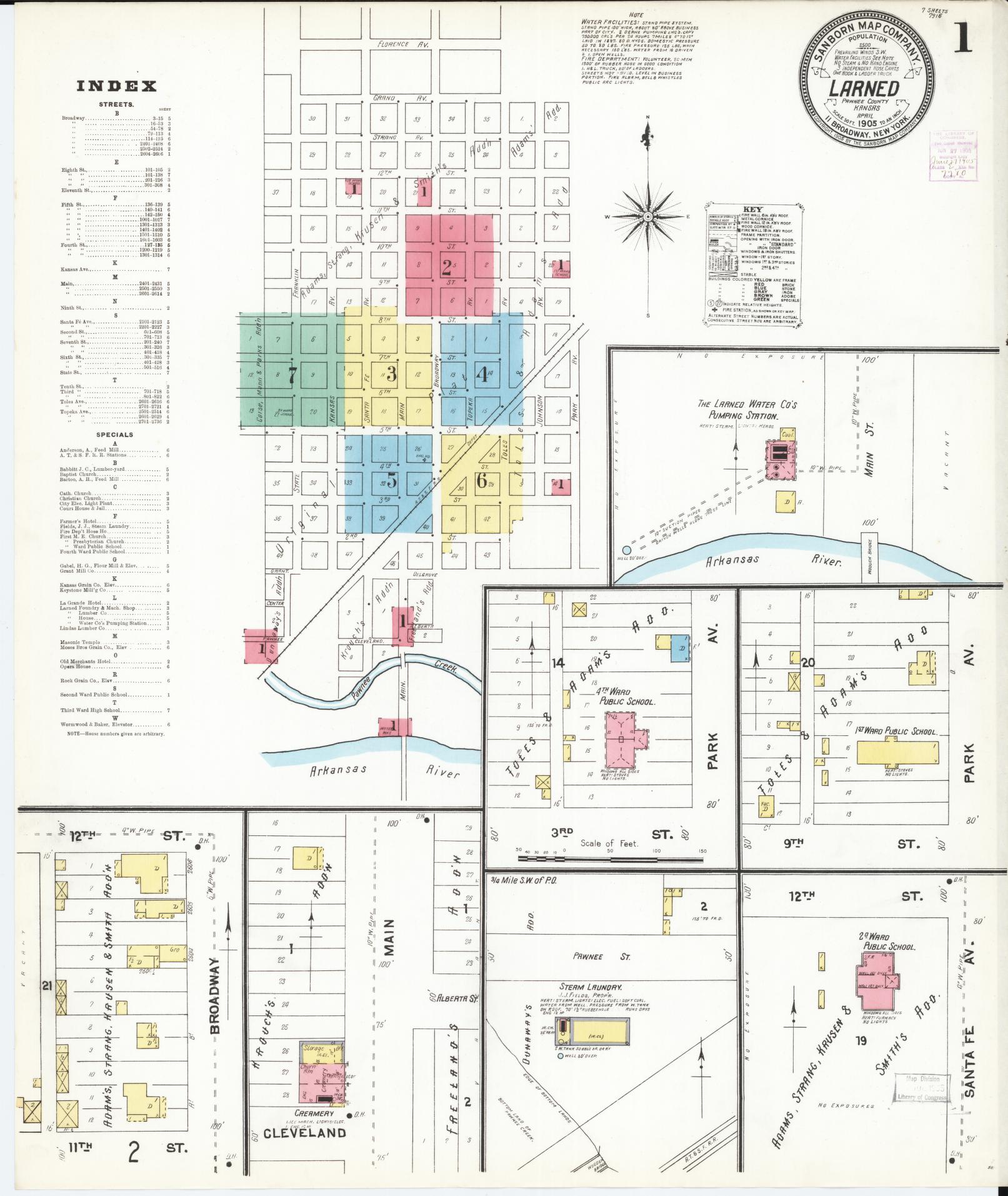 Sanborn Fire Insurance Map from Larned, Pawnee County, Kansas (1905), Sheet #0001 - Complete Map Set gallery image, historic Sanborn map, vintage wall art, Kansas Kansas