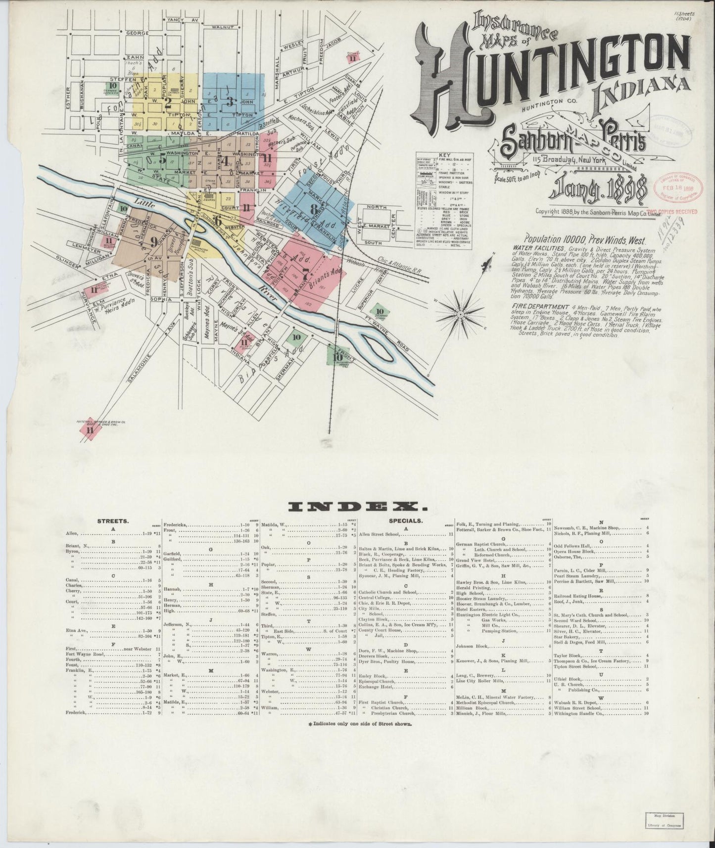 Sanborn Fire Insurance Map from Huntington, Huntington County, Indiana (1898), Sheet #0001 - Historic Sanborn Fire Insurance Map Print, vintage old map wall art, antique decor, genealogy gift, Indiana Indiana map