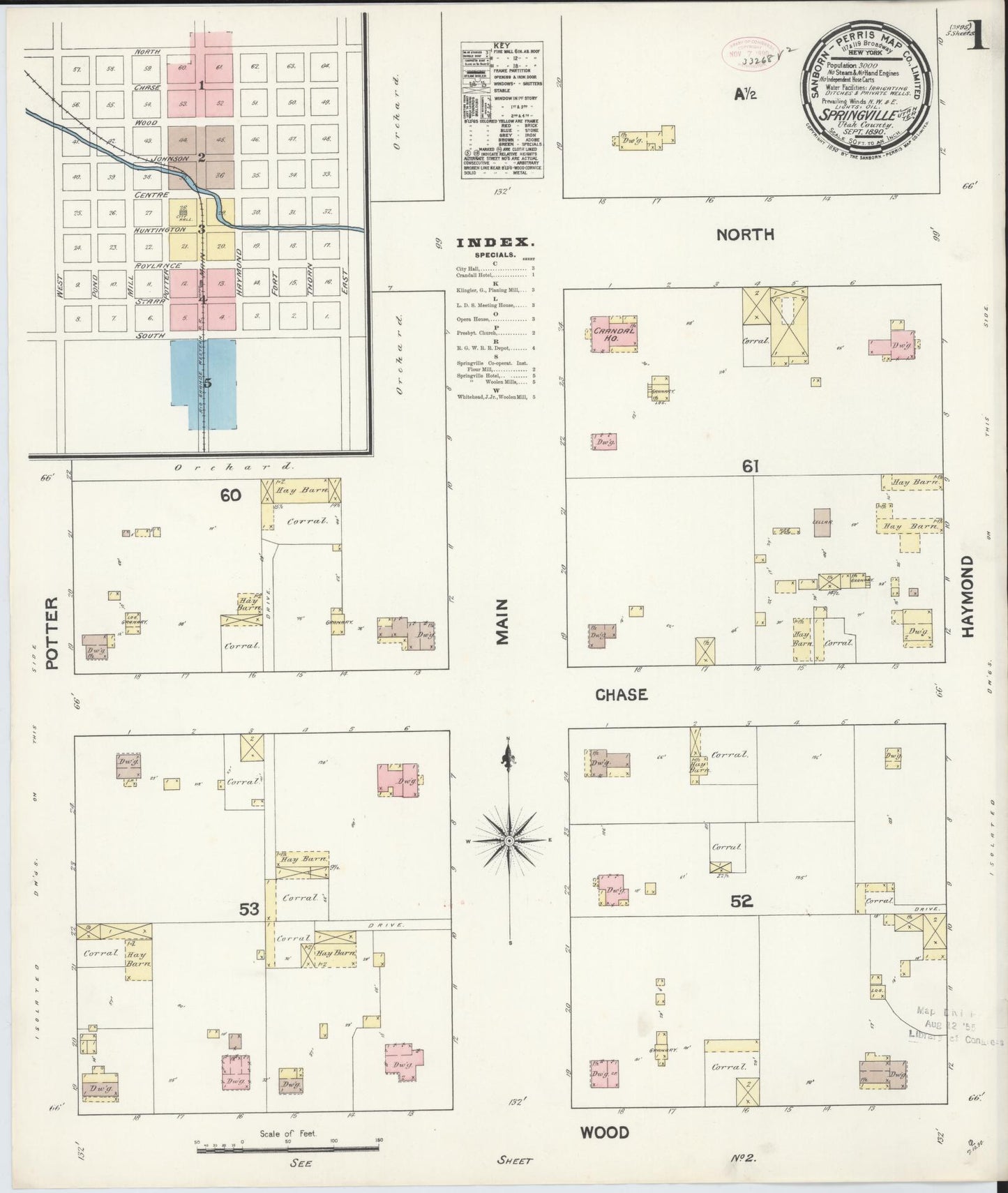 Sanborn Fire Insurance Map from Springville, Utah County, Utah (1890), Sheet #0001 - Historic Sanborn Fire Insurance Map Print, vintage old map wall art, antique decor, genealogy gift, Springville Utah map