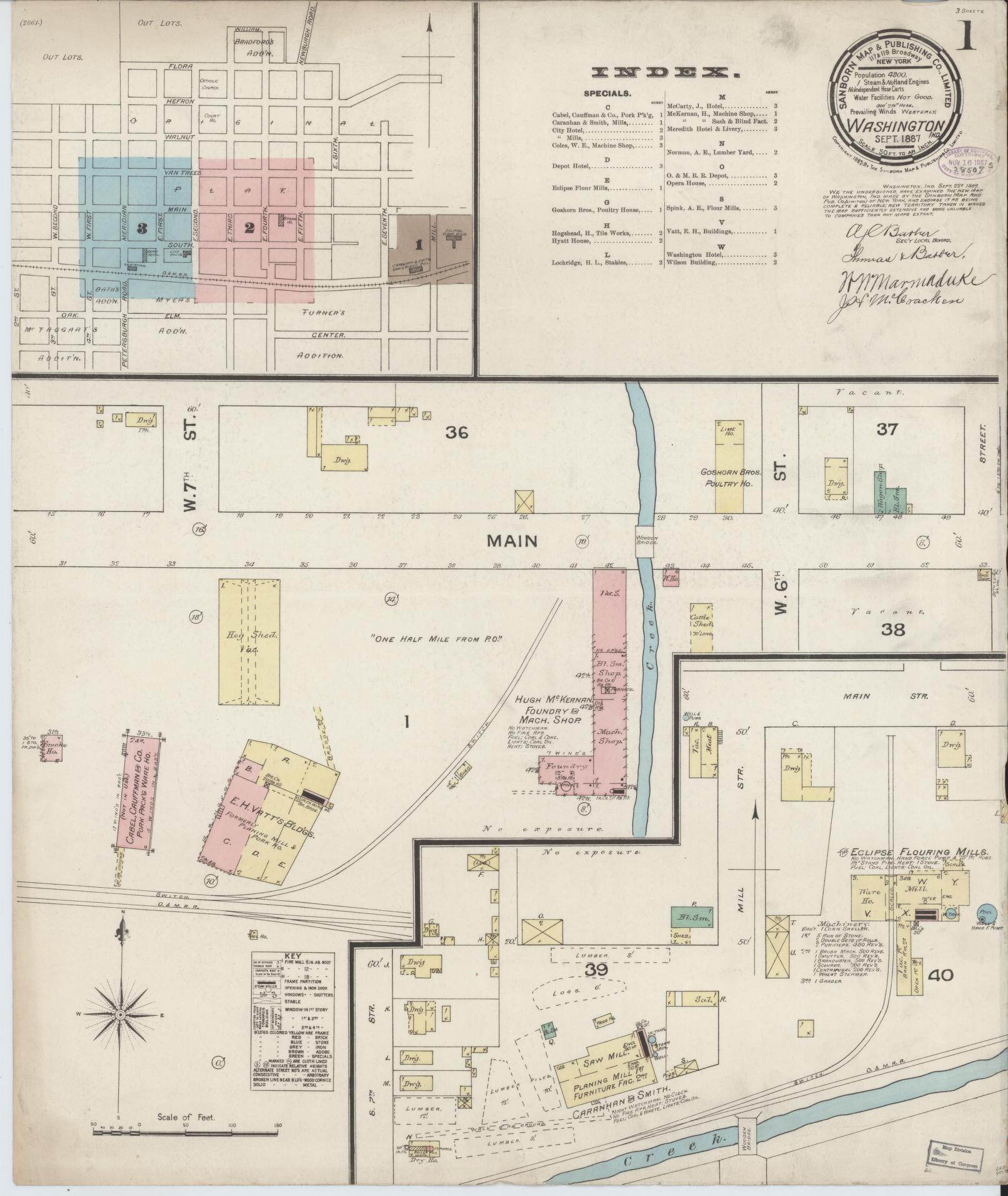 Sanborn Fire Insurance Map from Washington, Daviess County, Indiana (1887), Sheet #0001 - Historic Sanborn Fire Insurance Map Print, vintage old map wall art, antique decor, genealogy gift, Washington Washington map
