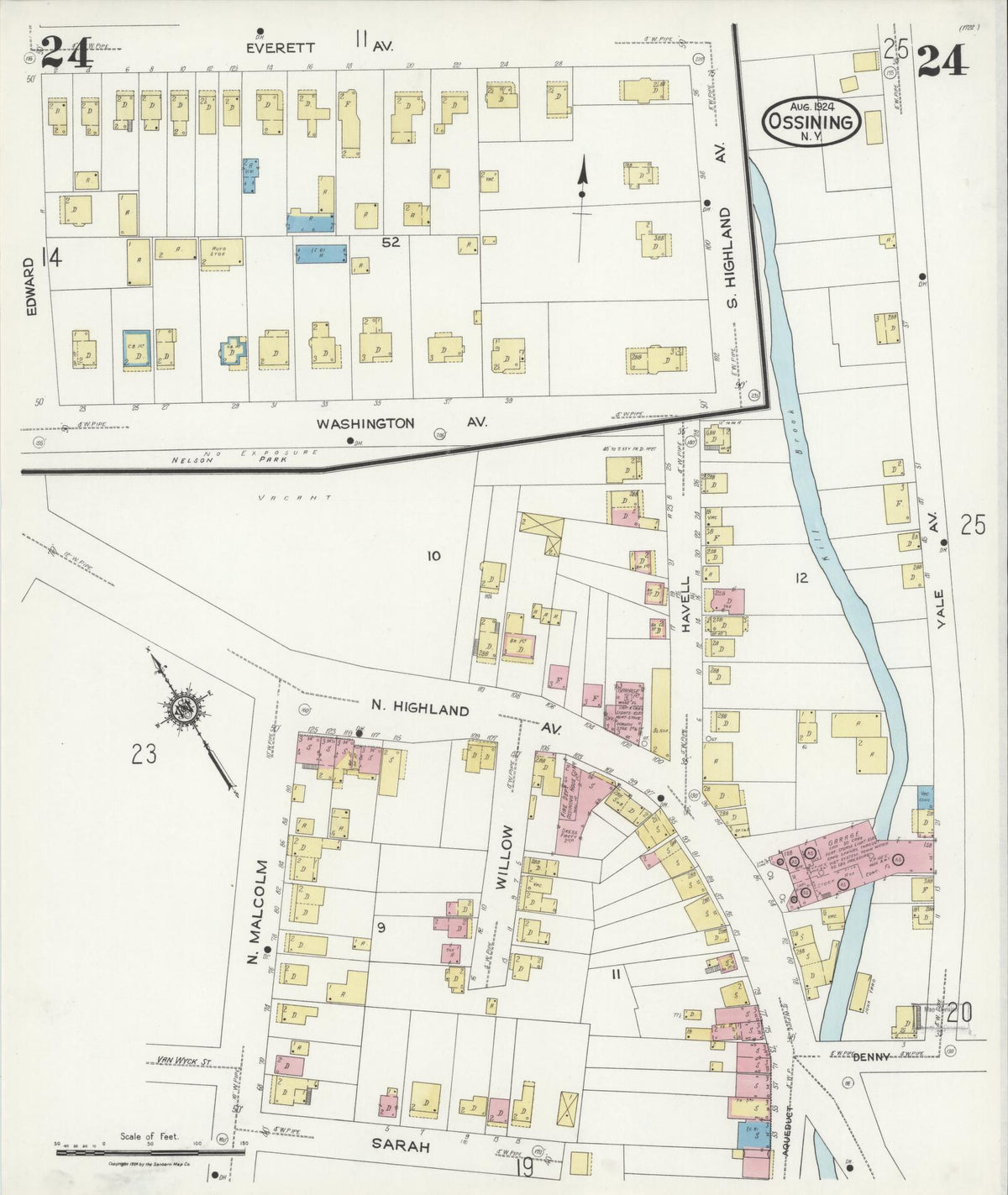 Sanborn Fire Insurance Map from Ossining, Westchester County, New York (1924), Sheet #0024 - Historic Sanborn Fire Insurance Map Print, vintage old map wall art, antique decor, genealogy gift, New York New York map