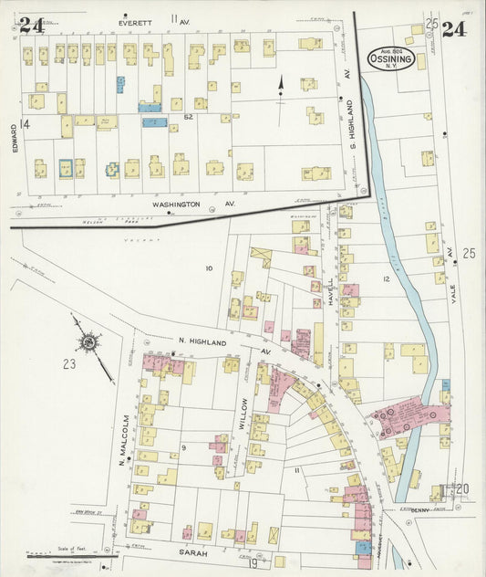 Sanborn Fire Insurance Map from Ossining, Westchester County, New York (1924), Sheet #0024 - Historic Sanborn Fire Insurance Map Print, vintage old map wall art, antique decor, genealogy gift, New York New York map