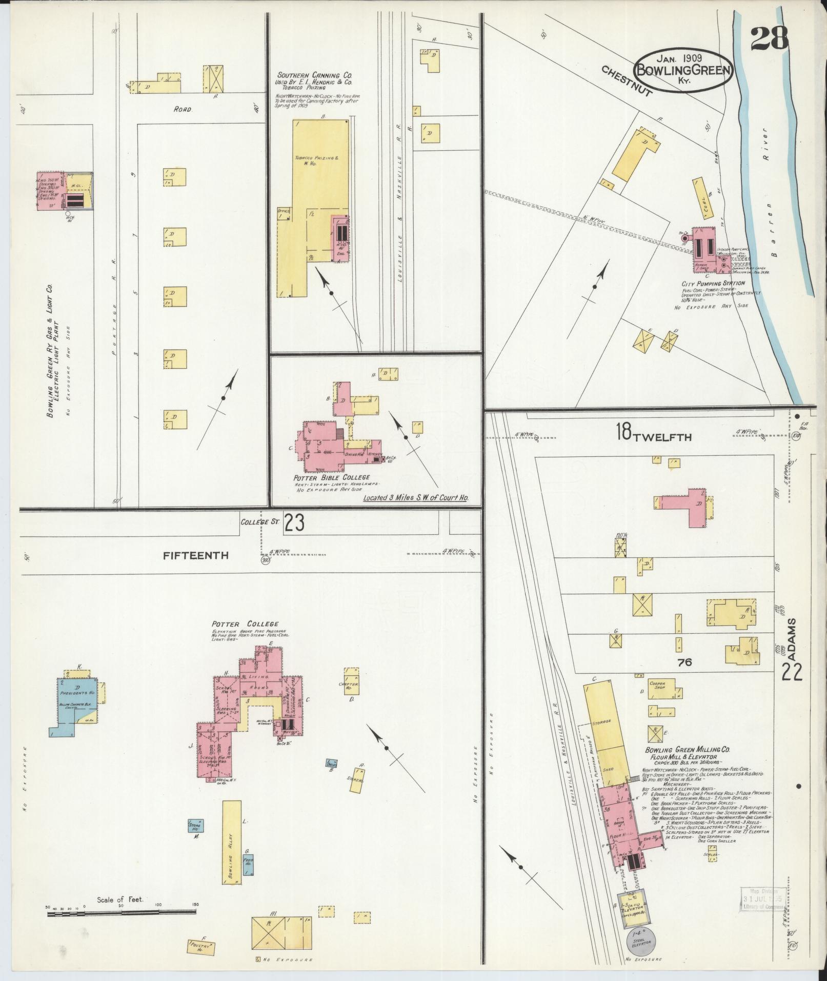 Sanborn Fire Insurance Map from Bowling Green, Warren County, Kentucky (1909), Sheet #0028 - Complete Map Set gallery image, historic Sanborn map, vintage wall art, Kentucky Kentucky