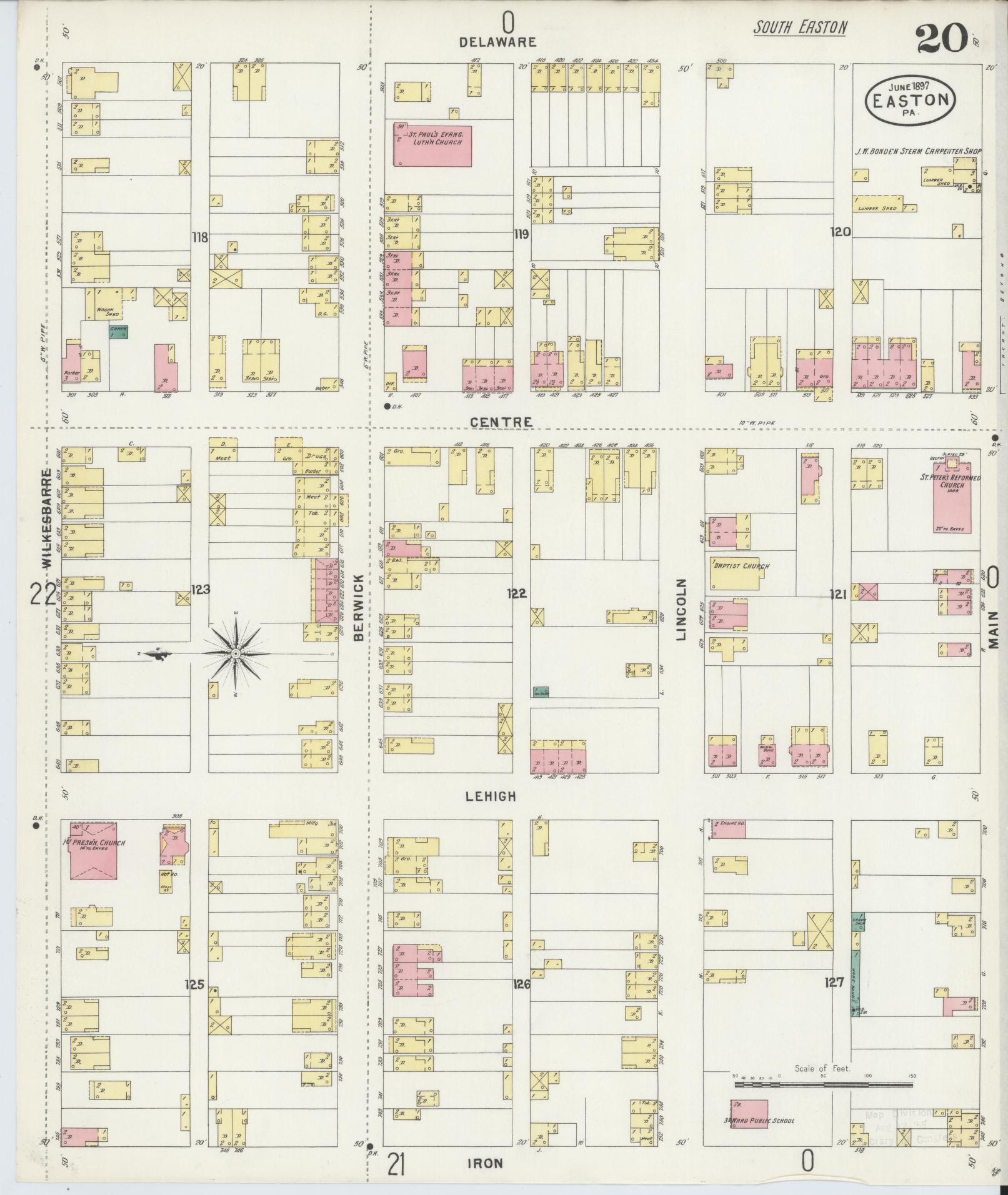 Sanborn Fire Insurance Map from Easton, Northampton County, Pennsylvania (1897), Sheet #0020 - Historic Sanborn Fire Insurance Map Print, vintage old map wall art, antique decor, genealogy gift, Pennsylvania Pennsylvania map