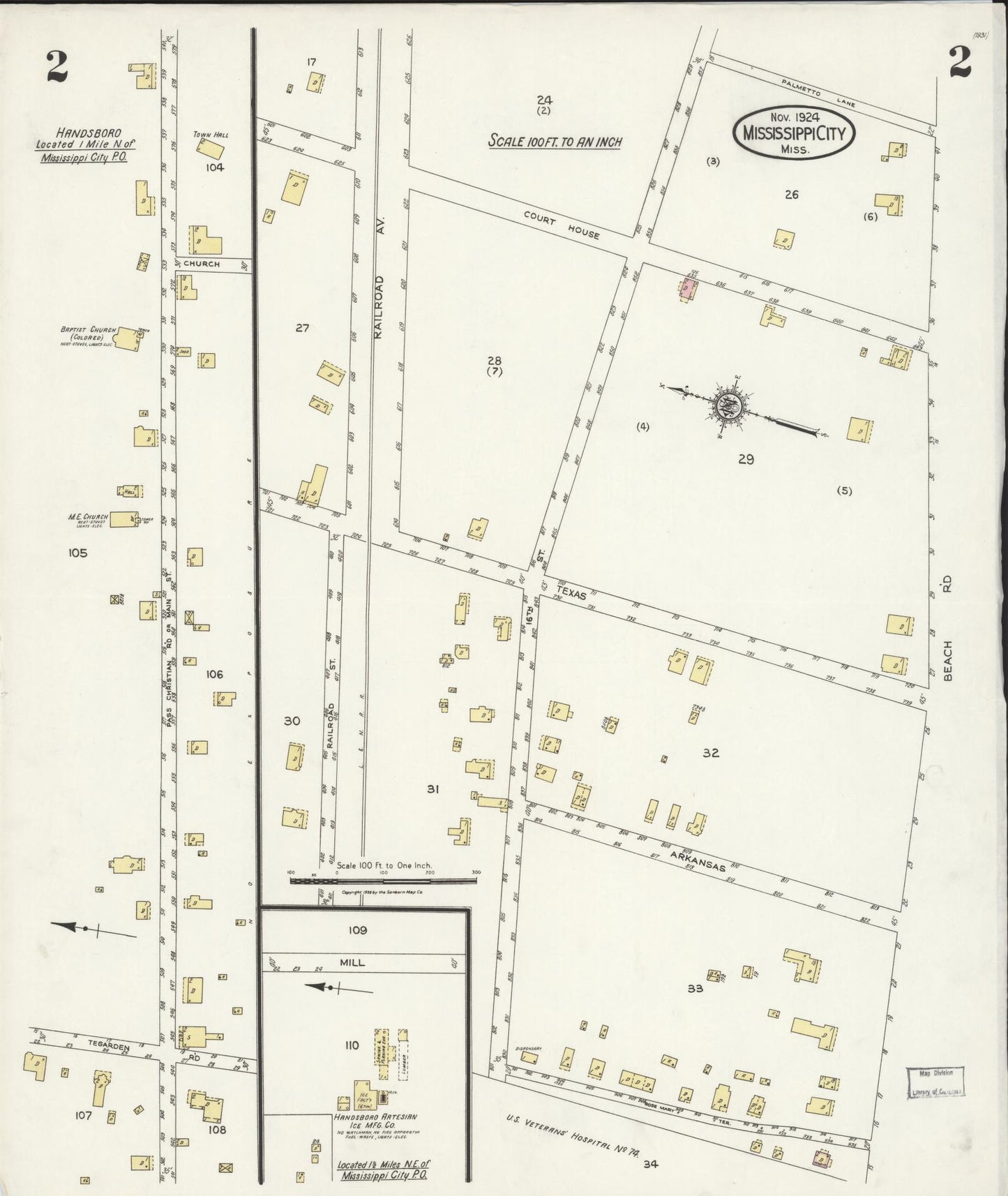 Sanborn Fire Insurance Map from Mississippi City, Harrison County, Mississippi (1924), Sheet #0002 - Historic Sanborn Fire Insurance Map Print, vintage old map wall art, antique decor, genealogy gift, Mississippi Mississippi map
