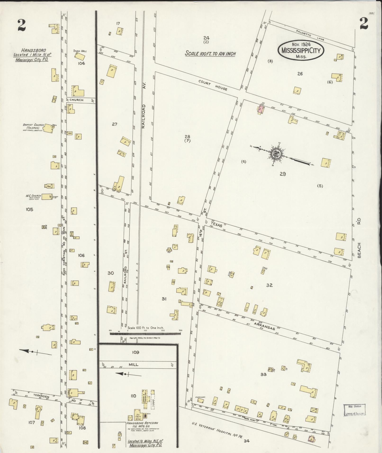 Sanborn Fire Insurance Map from Mississippi City, Harrison County, Mississippi (1924), Sheet #0002 - Historic Sanborn Fire Insurance Map Print, vintage old map wall art, antique decor, genealogy gift, Mississippi Mississippi map
