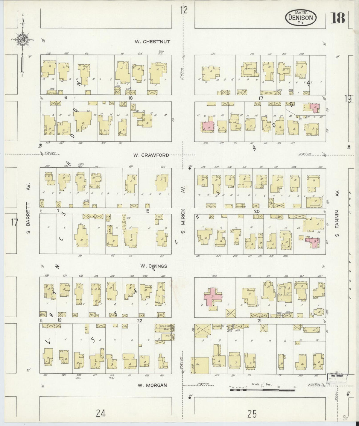 Sanborn Fire Insurance Map from Denison, Grayson County, Texas (1914), Sheet #0018 - Historic Sanborn Fire Insurance Map Print, vintage old map wall art, antique decor, genealogy gift, Texas Texas map