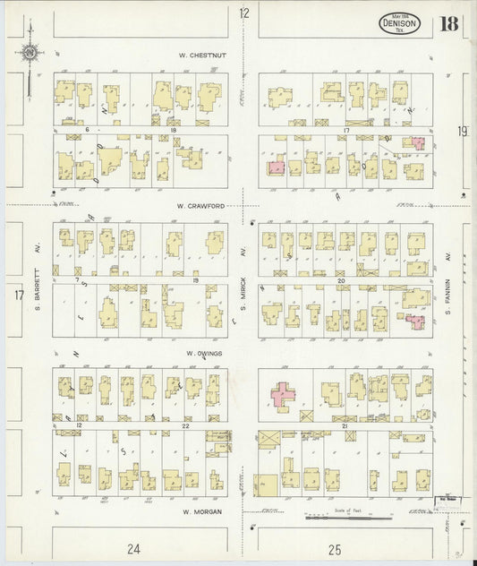 Sanborn Fire Insurance Map from Denison, Grayson County, Texas (1914), Sheet #0018 - Historic Sanborn Fire Insurance Map Print, vintage old map wall art, antique decor, genealogy gift, Texas Texas map